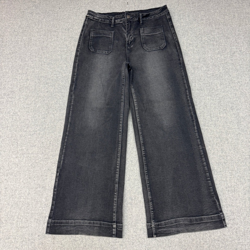 Jeans Wide Leg Denim Pants XL Black Faded Wash High Rise Patch Pockets 2096